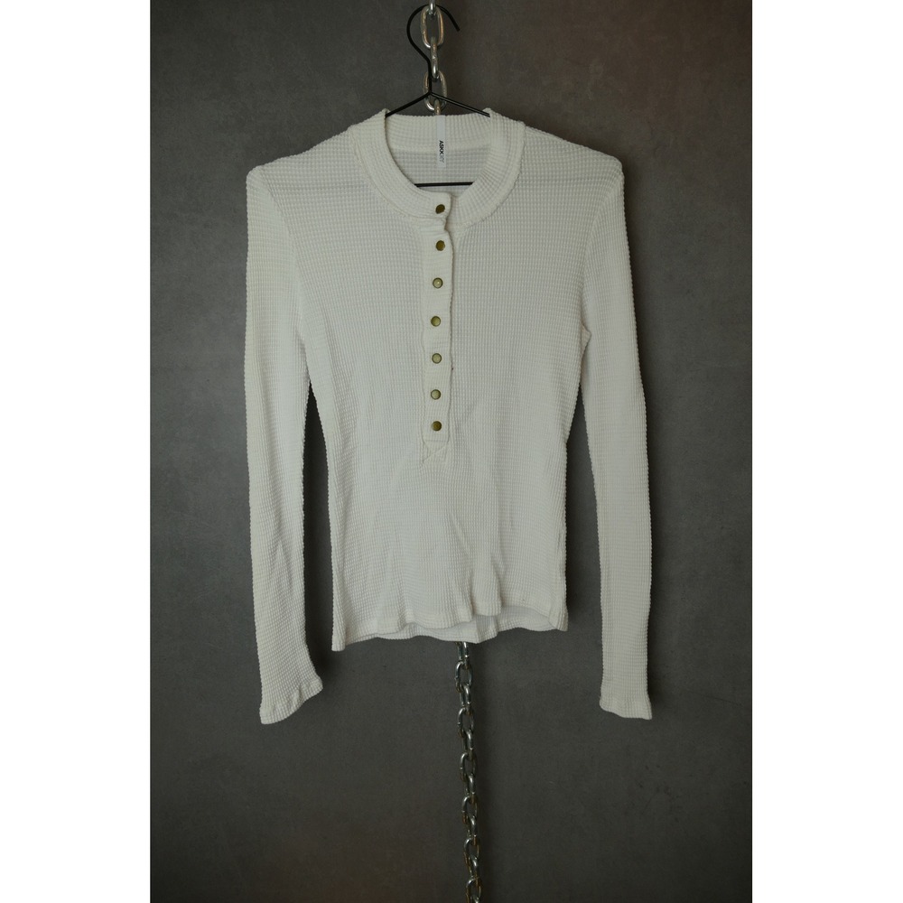 ASKKYNY Women's‎ White Waffle Knit Long Sleeve Henley Button Up Shirt Top READ